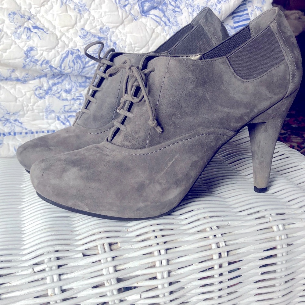 Suede high heeled shoes.